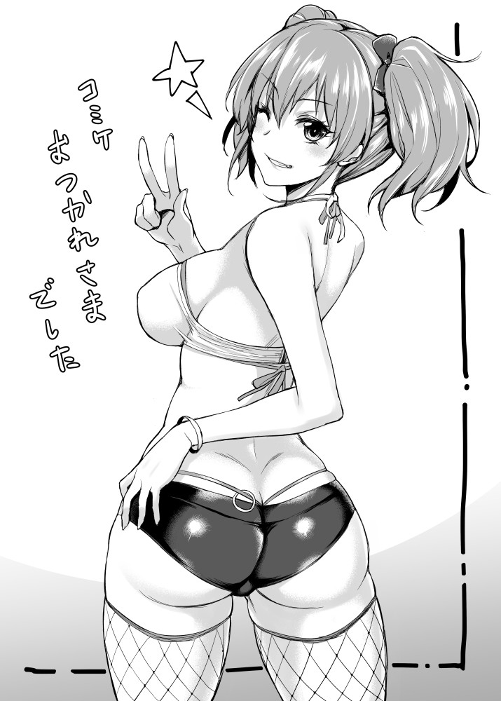 ;) ass bangs blush bracelet breasts crop_top eyebrows_visible_through_hair fishnet_legwear fishnets from_behind greyscale grin hair_between_eyes halter_top halterneck hand_up idolmaster idolmaster_cinderella_girls jewelry jougasaki_mika large_breasts looking_at_viewer looking_back monochrome mushi024 one_eye_closed parted_lips short_shorts shorts sideboob smile solo star thighs twintails v wavy_hair