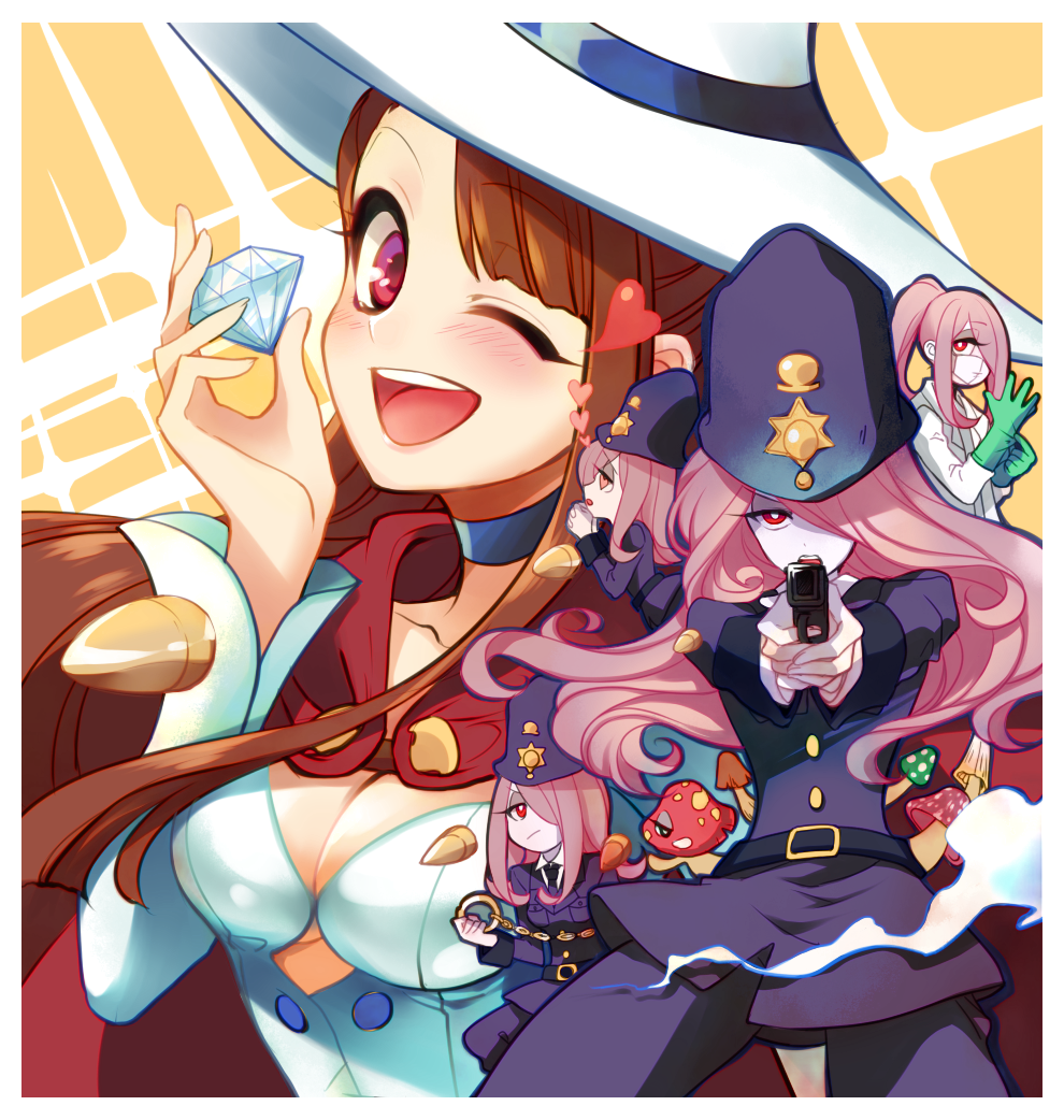 ;d bangs belt breasts brown_hair bullet cape choker cleavage cosplay cuffs diamond doctor gloves green_gloves hair_over_one_eye hat heart heart-shaped_pupils kagari_atsuko leila_(yurisouls) little_witch_academia long_hair medium_breasts multiple_girls multiple_persona mushroom one_eye_closed open_mouth pale_skin pink_hair pointing pointing_at_viewer police police_uniform ponytail purple_hair red_hair shiny_chariot shiny_chariot_(cosplay) smile sucy_manbavaran symbol-shaped_pupils taser uniform very_long_hair witch_hat