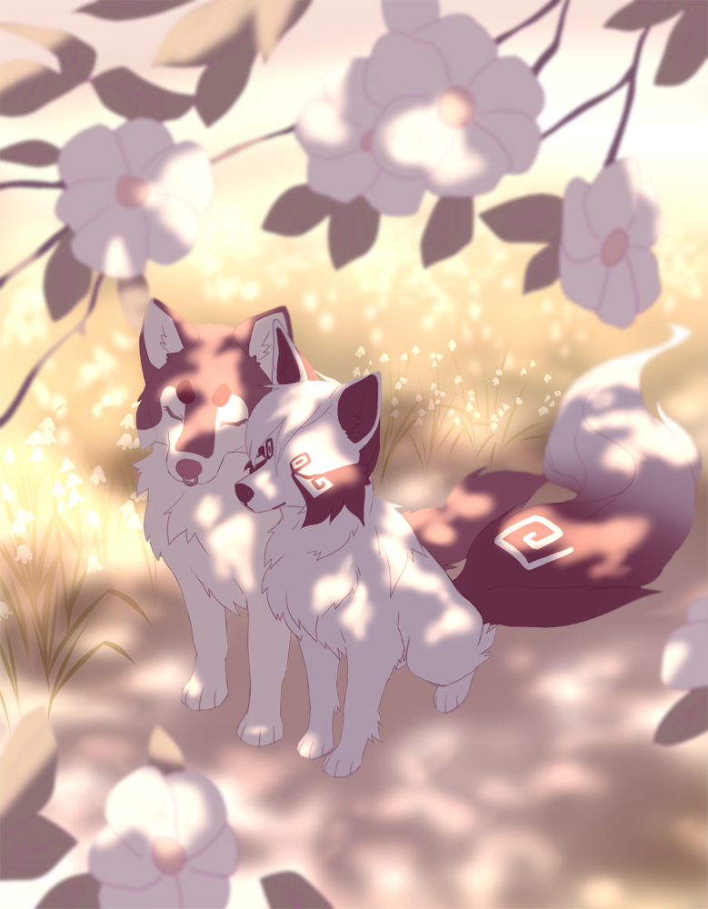 akitamonster canine day detailed_background dog duo female feral fur grass male mammal outside paws red_fur sitting white_fur