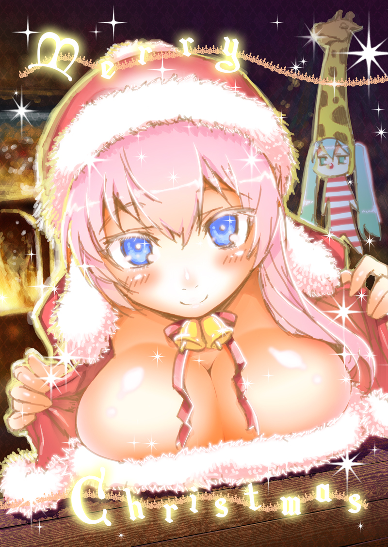 aqua_eyes aqua_hair bell blue_eyes blush breasts christmas cleavage closed_mouth dutch_angle english giraffe_costume hat hatsune_miku hitotose_rin large_breasts long_hair looking_at_viewer megurine_luka merry_christmas multiple_girls pink_hair revision santa_costume santa_hat sketch smile sparkle twintails very_long_hair vocaloid