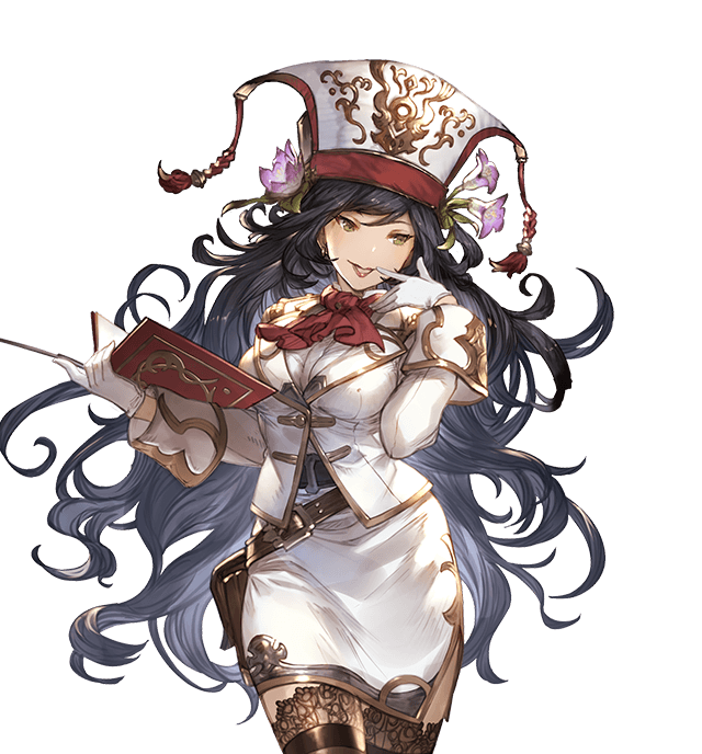 bangs belt_pouch black_hair black_legwear book breasts brown_eyes detached_sleeves flower gloves granblue_fantasy hair_flower hair_ornament hat holding isabella_(granblue_fantasy) jacket lipstick long_hair makeup medium_breasts minaba_hideo official_art pencil_skirt pouch skirt smile solo thighhighs transparent_background very_long_hair white_gloves zettai_ryouiki