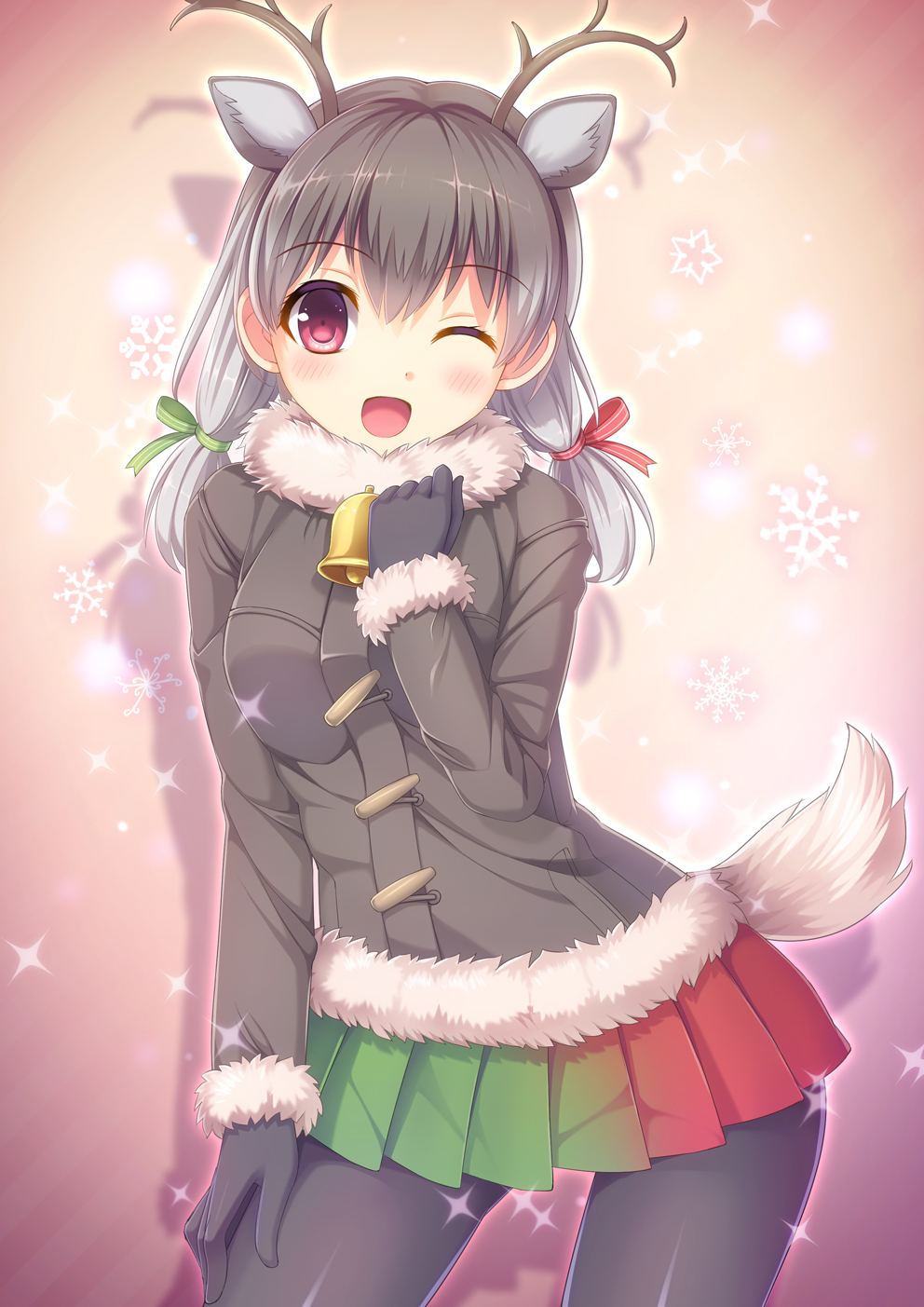 ;d animal_ears antlers bell black_gloves black_legwear blush breasts brown_coat brown_hair coat contrapposto extra_ears eyebrows_visible_through_hair fur_trim gloves gradient_skirt green_ribbon green_skirt hair_between_eyes hair_ribbon hand_on_own_thigh head_tilt highres jingle_bell kemono_friends large_breasts looking_at_viewer low_twintails one_eye_closed open_mouth pantyhose pink_eyes pleated_skirt red_ribbon red_skirt reindeer_(kemono_friends) reindeer_antlers reindeer_ears reindeer_tail ribbon silhouette skirt smile snowflakes solo sparkle standing tail twintails umitonakai