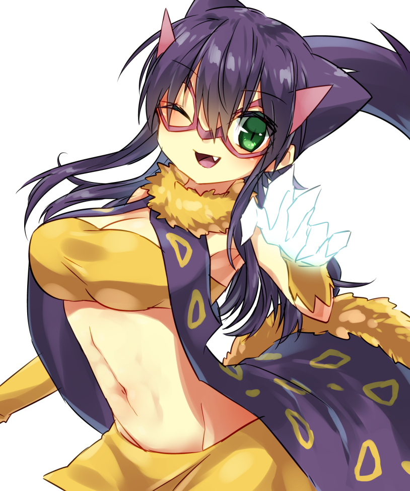 bad_hands bazumi breasts cleavage fang gen_5_pokemon glasses green_eyes groin large_breasts liepard long_hair looking_at_viewer midriff navel one_eye_closed open_mouth personification pokemon purple_hair solo
