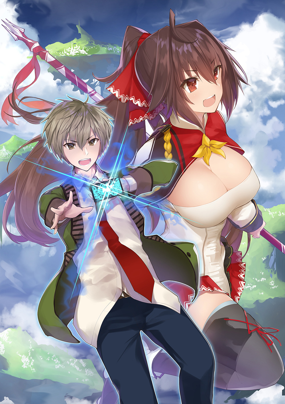 1girl bangs black_legwear black_pants breasts brown_eyes brown_hair capelet cellphone cleavage cloud commentary_request cover cover_page dress_shirt eyebrows_visible_through_hair foreshortening hair_between_eyes highres holding holding_phone holding_weapon isekai_clear_no_game_master jacket large_breasts long_hair necktie novel_cover open_clothes open_jacket open_mouth outdoors outstretched_arm pants phone polearm ponytail red_eyes red_neckwear shirt smartphone smile spear teeth thighhighs thighs weapon yaman