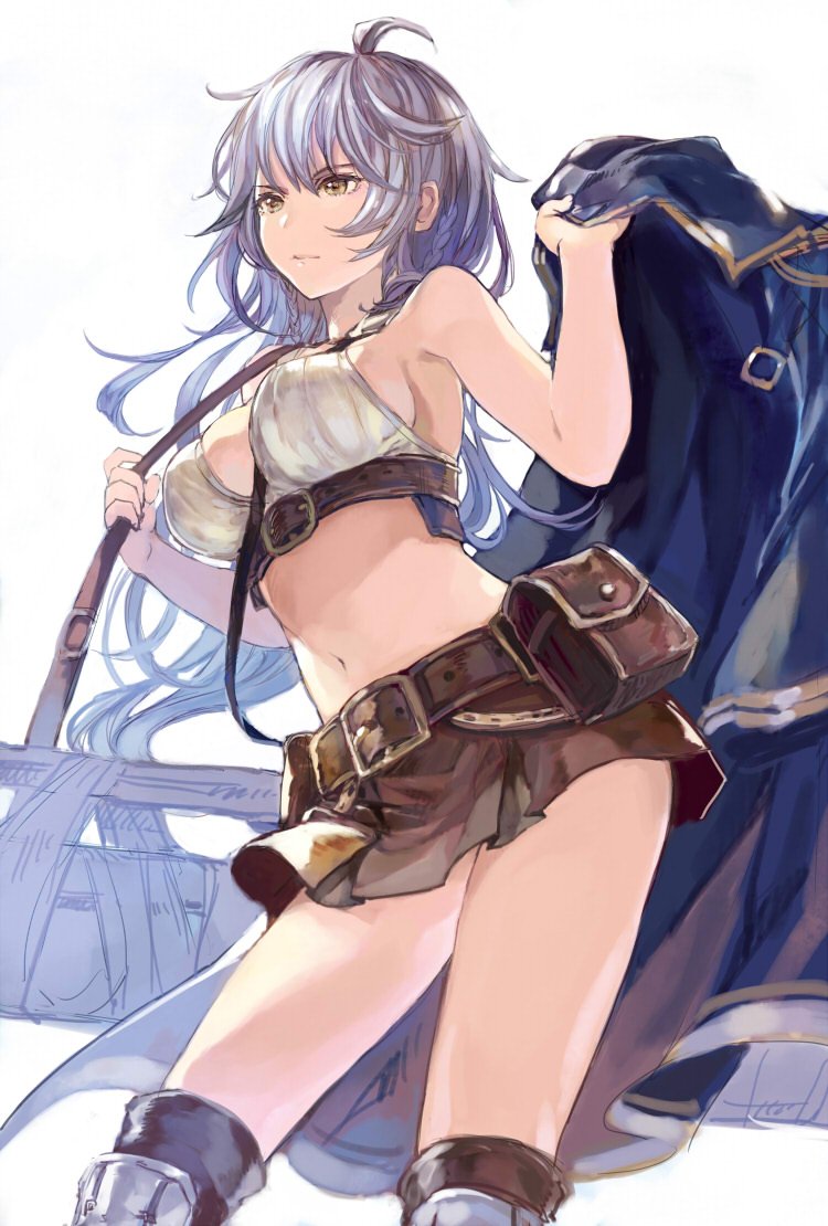 ahoge bare_shoulders belt between_breasts braid breasts closed_mouth contrapposto granblue_fantasy jacket jacket_removed large_breasts light_brown_eyes long_hair midriff navel over-kneehighs sabanobori sideboob silva_(granblue_fantasy) silver_hair simple_background skirt solo standing thighhighs twin_braids undressing