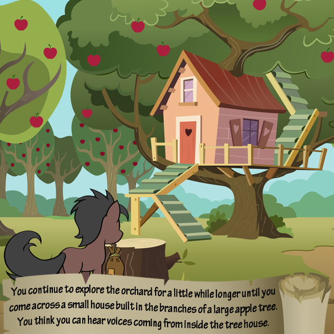 apple apple_tree bitterplaguerat earth_pony equine feral food fruit horse loki_(bitterplaguerat) mammal my_little_pony pony pouch solo text tree tree_house