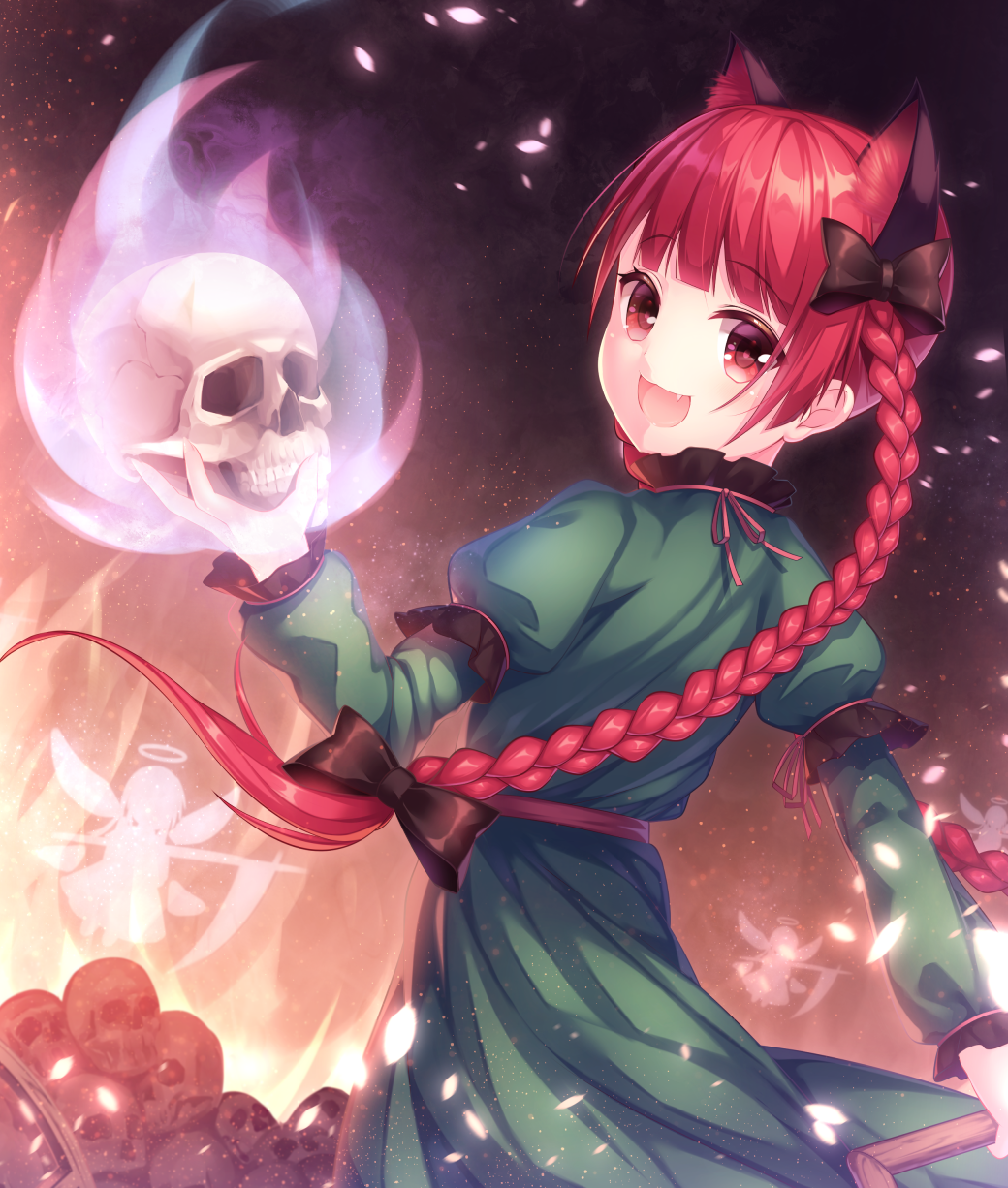 :3 animal_ears bangs black_bow bow braid cat_ears commentary_request dress fairy_wings fang fire green_dress hair_bow halo highres juliet_sleeves kaenbyou_rin kyouou_ena long_hair long_sleeves looking_at_viewer looking_back puffy_sleeves red_eyes red_hair scythe skull smile solo touhou twin_braids very_long_hair wings zombie_fairy