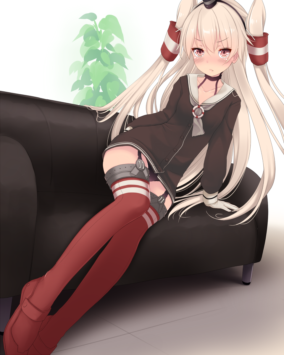 alternate_eye_color amatsukaze_(kantai_collection) arm_support black_panties blush brown_dress couch dress garter_straps highres kantai_collection kiyomin lifebuoy long_hair looking_at_viewer lying on_side panties pantyshot red_eyes red_legwear sailor_dress short_dress silver_hair sitting solo thighhighs thighs two_side_up underwear windsock
