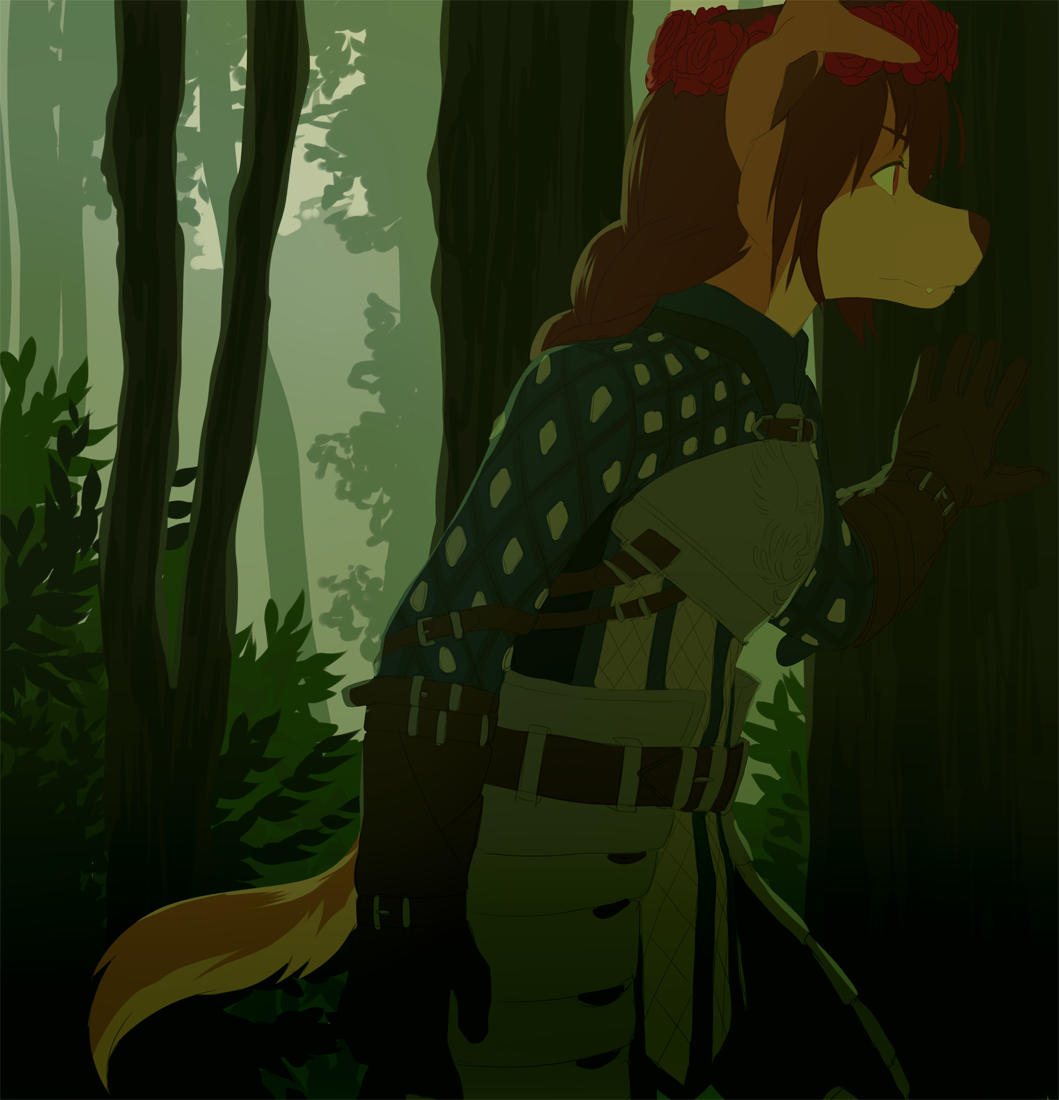 5_fingers akitamonster anthro armor brown_hair brown_nose canine clothed clothing detailed_background dog female forest fur gloves hair mammal solo standing tan_fur tree