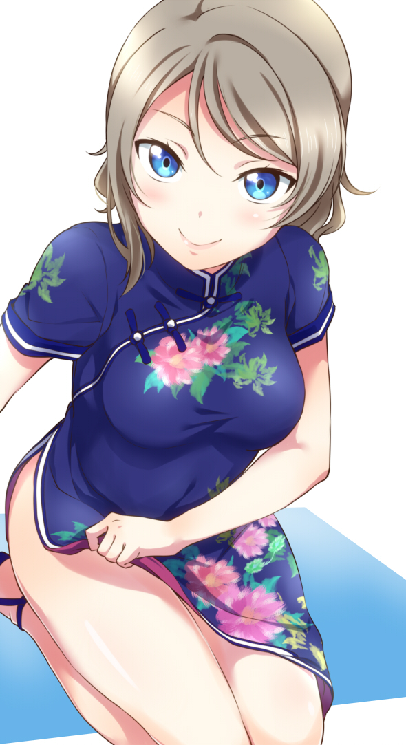blue_dress blue_eyes china_dress chinese_clothes dress dress_lift floral_print grey_hair legs looking_at_viewer love_live! love_live!_sunshine!! seiza short_hair side_slit sitting smile solo surfing_orange thighs watanabe_you