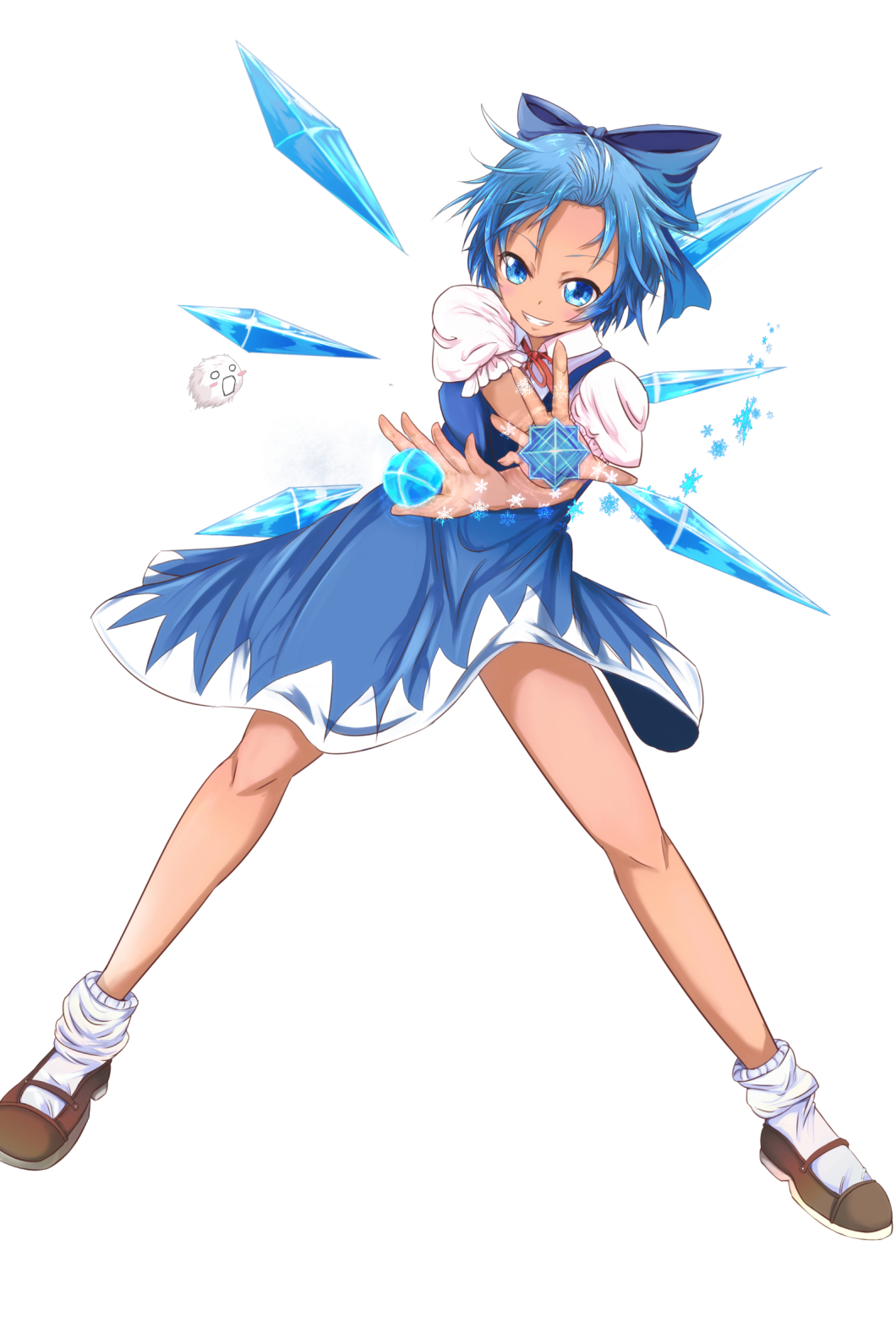 blue_bow blue_dress blue_eyes blue_hair blush bobby_socks bow cirno commentary_request dress flying foreshortening full_body grin hair_bow hair_slicked_back hidden_star_in_four_seasons highres himura_1129 ice ice_wings incoming_attack kedama looking_at_viewer mary_janes puffy_short_sleeves puffy_sleeves river shoes short_hair short_sleeves smile snow socks tan tanned_cirno touhou tree white_legwear wings