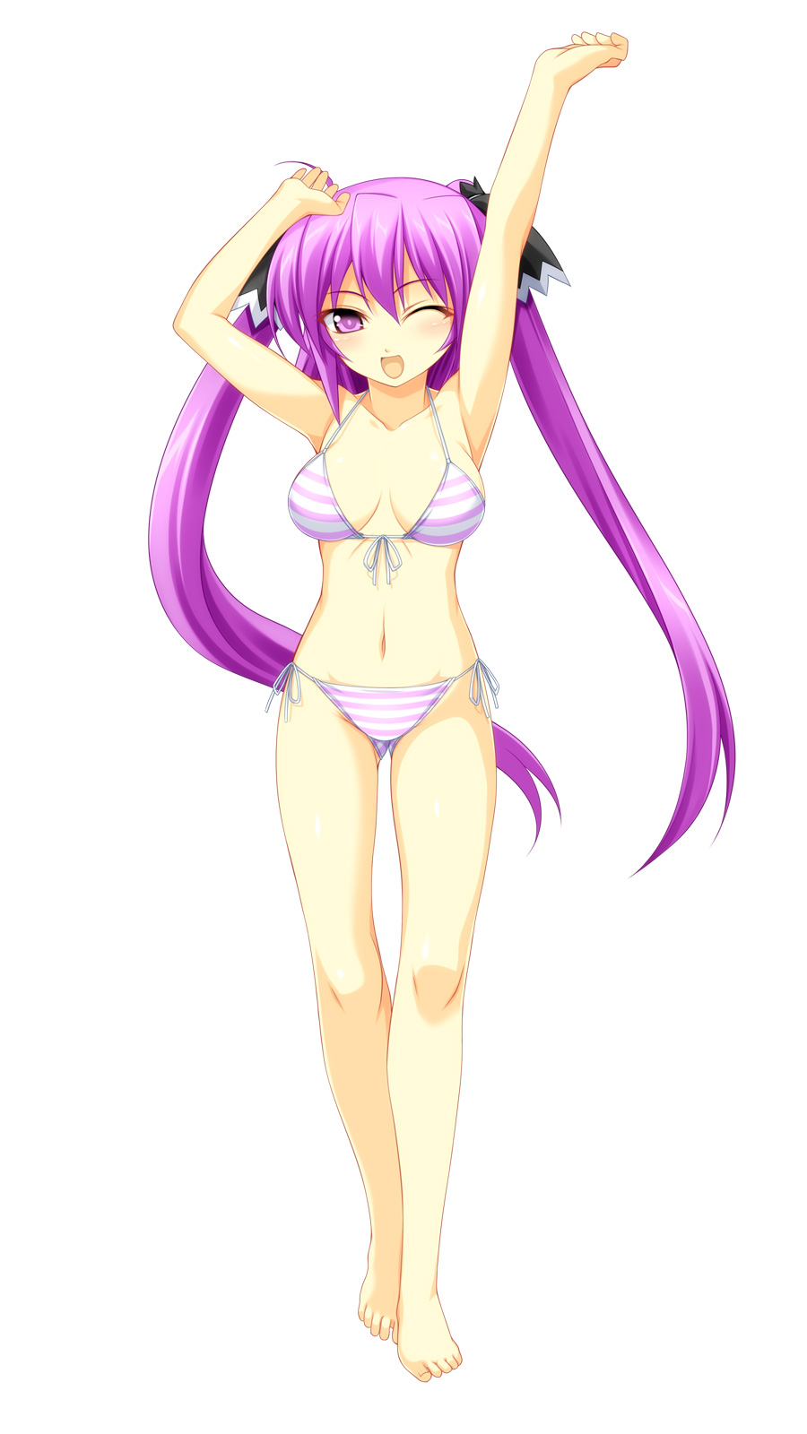 armpits arms_up ass_visible_through_thighs bangs bare_legs bare_shoulders barefoot beatmania beatmania_iidx bikini collarbone eyebrows_visible_through_hair full_body halter_top halterneck highres kinoshita_ichi long_hair looking_at_viewer mizushiro_celica navel one_eye_closed open_mouth purple_eyes purple_hair side-tie_bikini side_ponytail simple_background smile solo striped striped_bikini swimsuit thighhighs twintails white_background