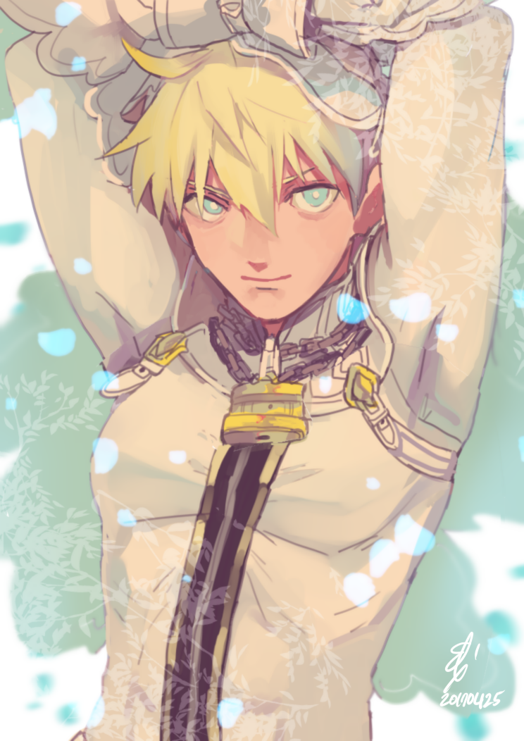 arms_up arthur_pendragon_(fate) blonde_hair bright_pupils catsuit chain cosplay fate/extra fate/prototype fate_(series) genderswap genderswap_(ftm) green_eyes lock looking_at_viewer male_focus nero_claudius_(bride)_(fate) nero_claudius_(bride)_(fate)_(cosplay) nero_claudius_(fate)_(all) skin_tight upper_body