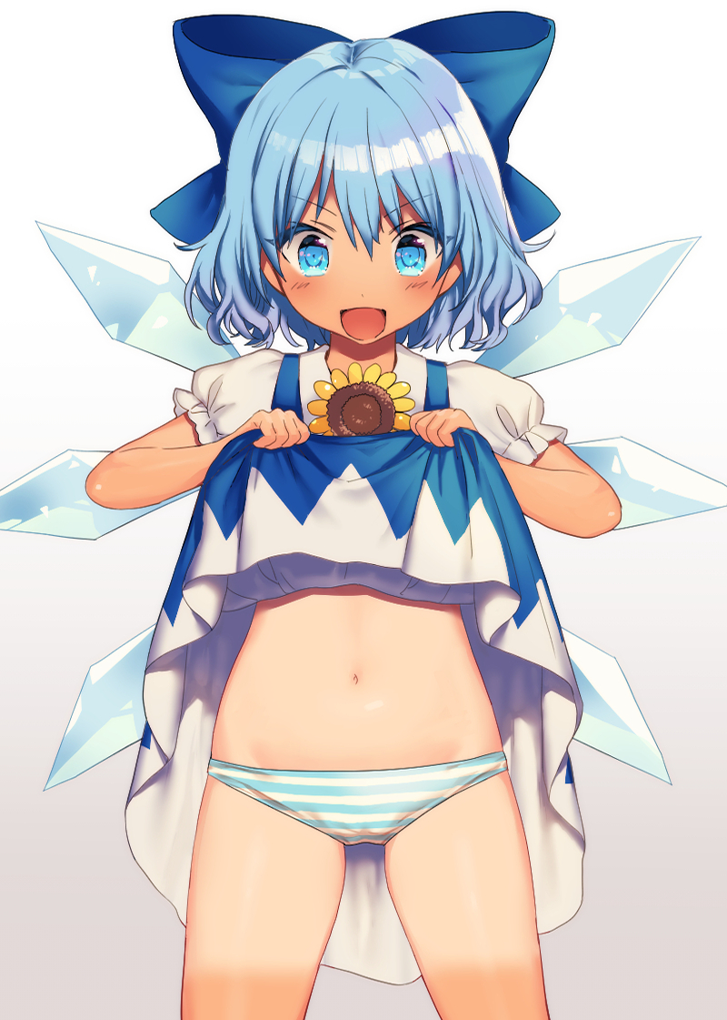 bangs blue_bow blue_dress blue_eyes blue_hair bow cirno cowboy_shot dress dress_lift flower hair_bow hidden_star_in_four_seasons ice ice_wings lifted_by_self looking_at_viewer mero_(usamero) navel open_mouth panties puffy_short_sleeves puffy_sleeves short_hair short_sleeves smile solo striped striped_panties sunflower tan tanned_cirno touhou underwear wings