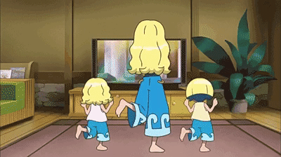 3girls animated animated_gif blonde_hair dancing dugtrio hou_(pokemon) multiple_girls pokemon pokemon_(anime) pokemon_sm_(anime) sisters sui_(pokemon) suiren_(pokemon) television wig
