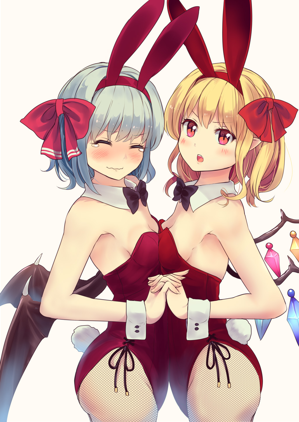 :o alternate_costume animal_ears bangs bat_wings blonde_hair blush breast_press breasts bunny_ears bunny_girl bunnysuit closed_eyes cowboy_shot culter detached_collar embarrassed fake_animal_ears fishnet_pantyhose fishnets flandre_scarlet hair_ribbon highres holding_hands interlocked_fingers lavender_hair looking_at_viewer multiple_girls pantyhose pointy_ears red_eyes red_ribbon remilia_scarlet ribbon siblings sideboob simple_background sisters small_breasts symmetrical_docking tears touhou v-shaped_eyebrows wavy_mouth white_background wings wrist_cuffs