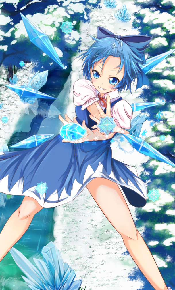 blue_bow blue_dress blue_eyes blue_hair blush bow cirno commentary_request dress flying foreshortening grin hair_bow hair_slicked_back himura_1129 ice ice_wings incoming_attack kedama looking_at_viewer puffy_short_sleeves puffy_sleeves river short_hair short_sleeves smile snow touhou tree wings