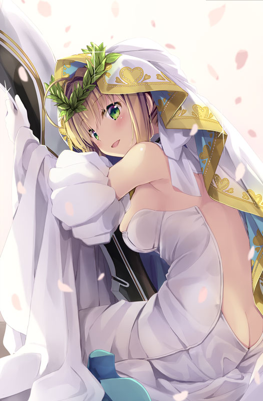ahoge ass backless_dress backless_outfit bare_shoulders blonde_hair breasts bridal_veil butt_crack detached_sleeves dress elbow_gloves fate/extra fate/extra_ccc fate_(series) from_behind gloves green_eyes looking_at_viewer medium_breasts natsume_eri nero_claudius_(bride)_(fate) nero_claudius_(fate)_(all) open_mouth sitting solo veil white_dress white_sleeves