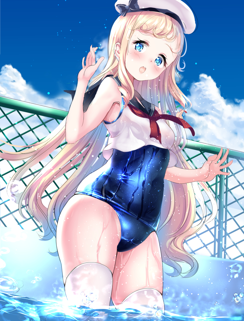 bad_id bad_pixiv_id blonde_hair blue_eyes blue_swimsuit blush breasts chain-link_fence cloud cloudy_sky commentary_request cowboy_shot crop_top day fence from_below gorua_(youce01) hat long_hair looking_at_viewer one-piece_swimsuit open_mouth original pool sailor_collar sailor_hat school_swimsuit school_uniform serafuku shiny shiny_clothes shirt skindentation sky sleeveless sleeveless_shirt small_breasts solo swimsuit thighhighs thighs wading water wet wet_clothes wet_swimsuit white_legwear