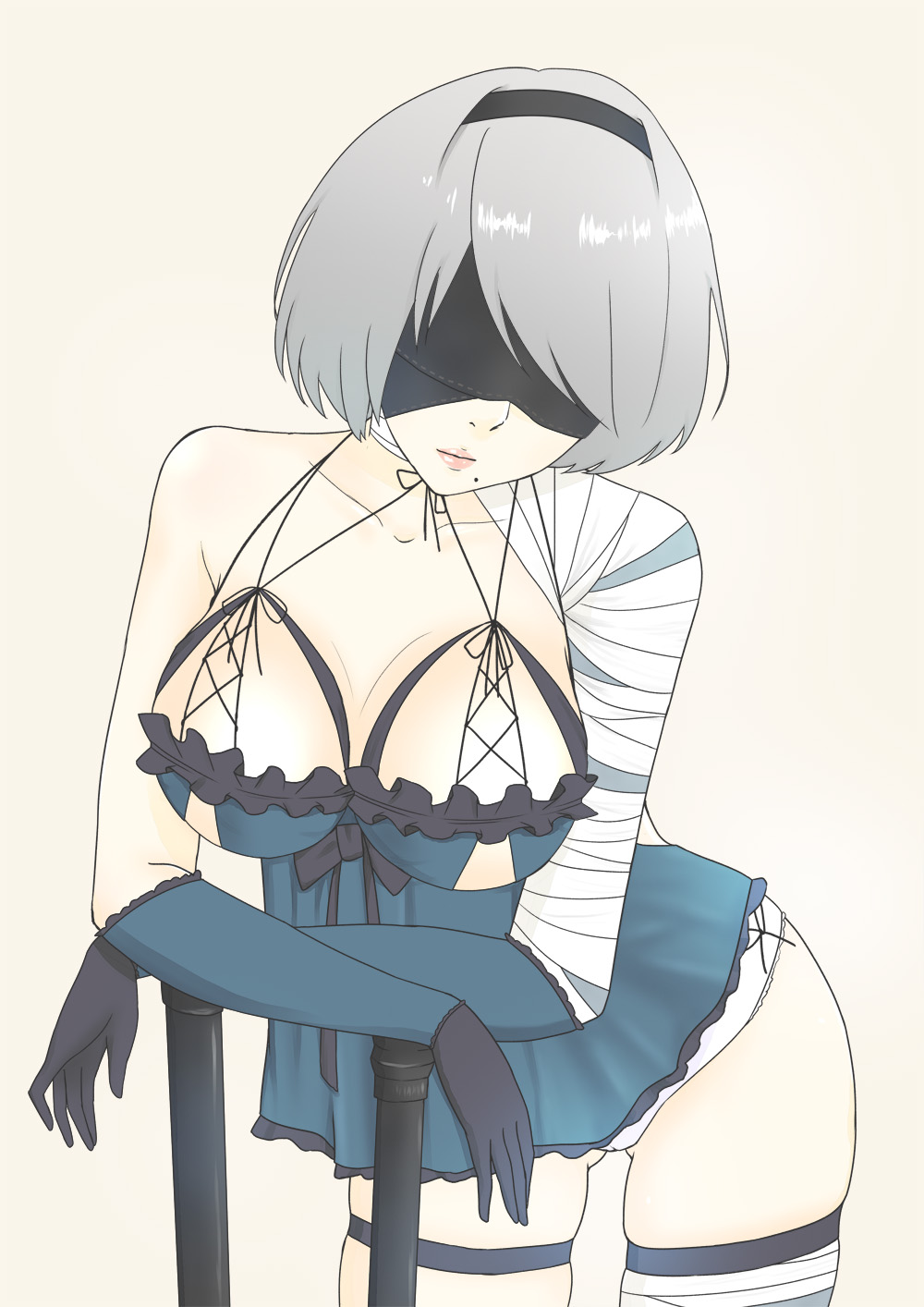 ass_visible_through_thighs asymmetrical_clothes bandaged_arm bandaged_leg bandages bangs bare_shoulders black_gloves black_hairband black_ribbon blindfold blue_dress breasts brown_legwear cleavage collarbone cosplay covered_eyes cowboy_shot dress elbow_gloves facing_viewer frilled_panties frills gloves grey_hair hairband highres kaine_(nier) kaine_(nier)_(cosplay) large_breasts leaning_forward leaning_on_object legs_apart lingerie lips medium_breasts mole mole_under_mouth negligee nier nier_(series) nier_automata nose panties pink_lips ribbon sash short_hair simple_background solo standing strap_gap swept_bangs sword takeya_(pixiv6774655) thighhighs underwear weapon white_panties yorha_no._2_type_b