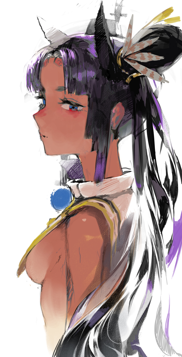 animal_ears bad_id bad_pixiv_id bangs bare_shoulders black_hair blue_eyes breasts closed_mouth dark_skin expressionless fate/grand_order fate_(series) feathers from_side hair_feathers half-closed_eyes highres long_hair looking_at_viewer looking_to_the_side multicolored_hair parted_bangs pom_pom_(clothes) purple_hair ryono_mizuki sideboob simple_background small_breasts solo two-tone_hair upper_body ushiwakamaru_(fate/grand_order) white_background