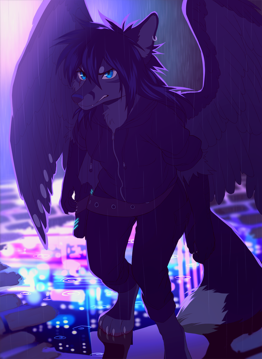 4_toes 5_fingers akitamonster anthro barefoot blue_eyes canine clothed clothing digitigrade ear_piercing feathered_wings feathers female hair hoodie hybrid mammal outside piercing purple_feathers purple_hair purple_nose raining standing toes water wings
