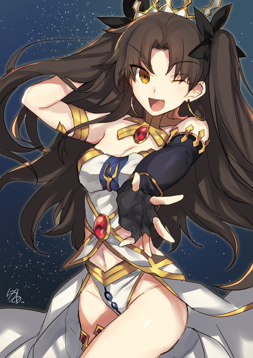 :d brown_eyes brown_hair elbow_gloves fate/grand_order fate_(series) fingerless_gloves gloves highres ishtar_(fate/grand_order) long_hair looking_at_viewer navel nikame one_eye_closed open_mouth single_glove smile twintails