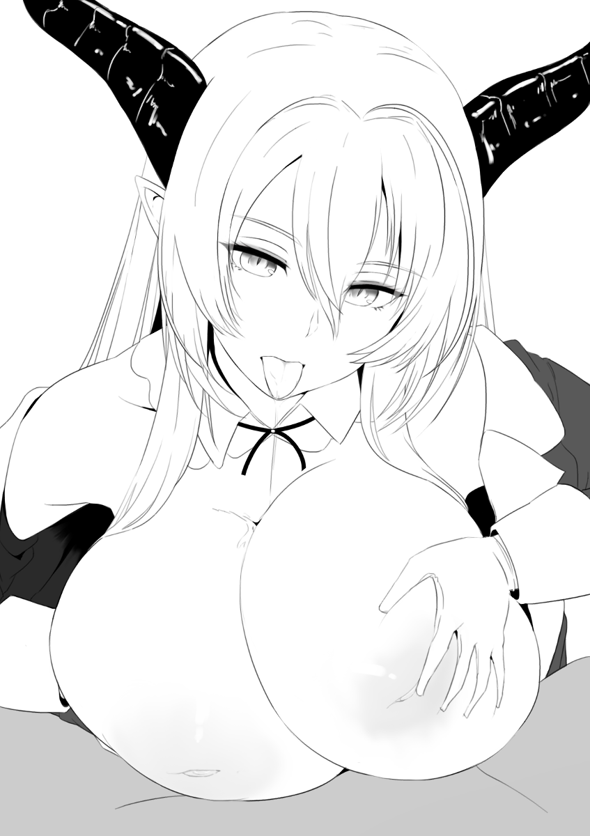 areolae beast_dominator breasts commentary_request drooling gloves greyscale hair_between_eyes highres horns huge_breasts inverted_nipples large_areolae long_hair long_sleeves looking_at_viewer monochrome nao_(ritsancrossover) nipples paizuri pointy_ears shadowverse sidelocks solo_focus tongue tongue_out