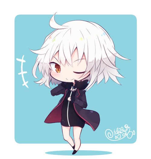 1girl ahoge beni_shake chibi eyebrows_visible_through_hair fate/grand_order fate_(series) jeanne_d'arc_(alter)_(fate) jeanne_d'arc_(fate)_(all) looking_at_viewer one_eye_closed red_eyes short_hair signature solo white_hair wicked_dragon_witch_ver._shinjuku_1999