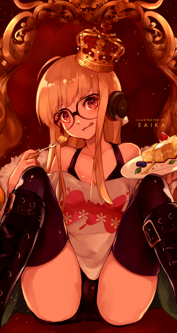 ahoge artist_name black_footwear black_legwear blush boots breasts cake collarbone crown eyelashes food fork fruit glasses headphones holding holding_fork holding_plate knee_boots licking_lips long_hair looking_at_viewer medium_breasts orange_hair persona persona_5 plate purple_eyes saika_(saika_nyan) sakura_futaba shiny shiny_clothes shiny_hair shiny_skin shorts sitting solo sparkling_eyes text_focus thighhighs throne tongue tongue_out