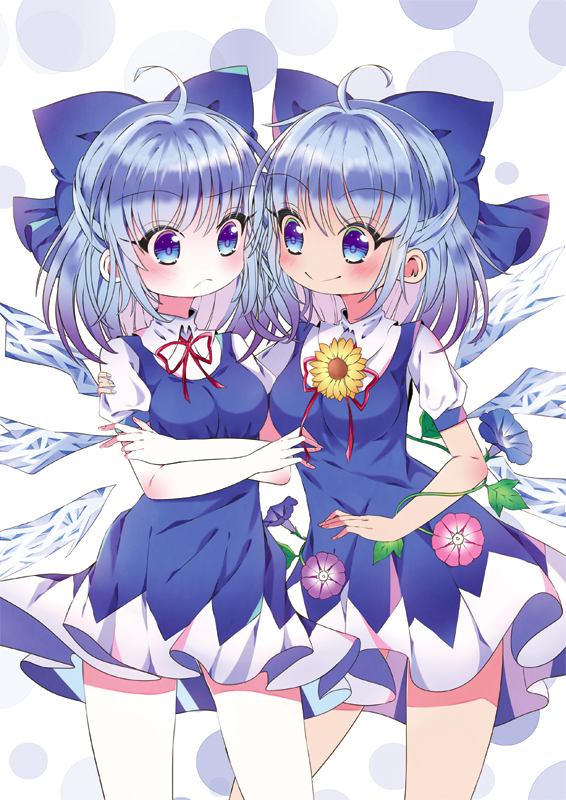 :&lt; ahoge alternate_breast_size blue_bow blue_eyes blue_hair blush bow breasts cirno dark_skin dual_persona eyebrows_visible_through_hair flower frown hair_bow ice ice_wings looking_at_another medium_breasts multiple_girls rimei short_hair smile sunflower tanned_cirno touhou wings