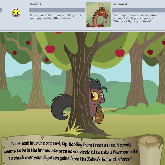 apple apple_tree bitterplaguerat bush earth_pony equine feral food fruit hiding horse loki_(bitterplaguerat) mammal my_little_pony pony solo text