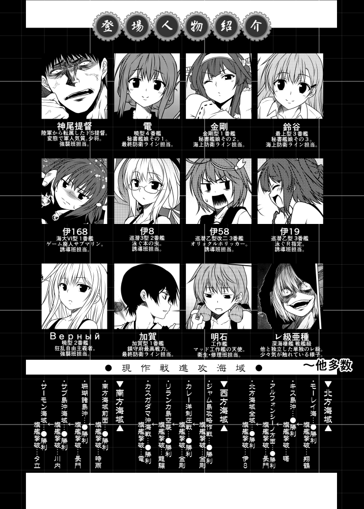 6+girls admiral_(kantai_collection) akashi_(kantai_collection) anger_vein character_name crazy_smile folded_ponytail glasses greyscale hair_ornament hairband hibiki_(kantai_collection) hood hoodie i-168_(kantai_collection) i-19_(kantai_collection) i-58_(kantai_collection) i-8_(kantai_collection) inazuma_(kantai_collection) kaga_(kantai_collection) kamio_reiji_(yua) kantai_collection kongou_(kantai_collection) long_hair monochrome multiple_girls one_eye_closed re-class_battleship remodel_(kantai_collection) shinkaisei-kan short_hair smile suzuya_(kantai_collection) sweat translation_request verniy_(kantai_collection) wrench yua_(checkmate)