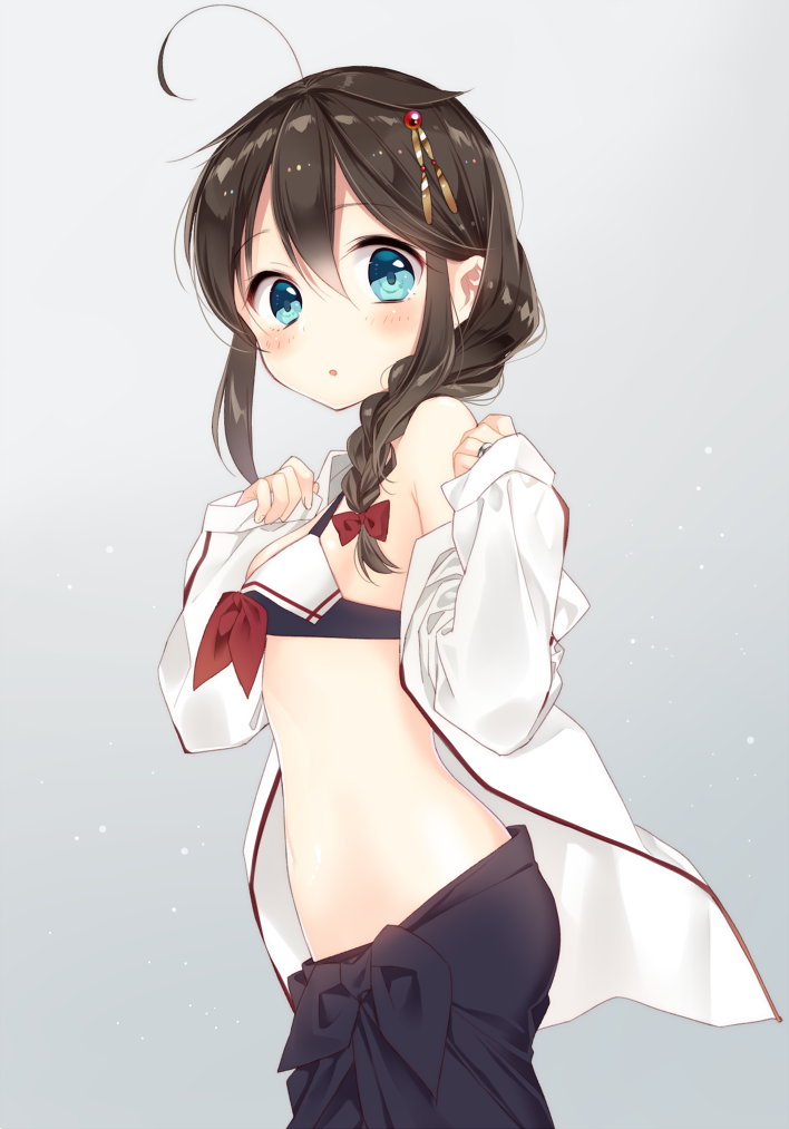 :o adapted_costume ahoge bare_shoulders bikini black_bikini_top black_ribbon blue_eyes blush bow braid breasts brown_hair cowboy_shot grey_background hair_bow hair_flaps hair_ornament hair_over_shoulder hairpin jacket jewelry kantai_collection long_sleeves looking_at_viewer looking_to_the_side naoto_(tulip) off_shoulder open_clothes open_jacket parted_lips red_bow remodel_(kantai_collection) ribbon ring sarong shigure_(kantai_collection) sideboob simple_background single_braid sleeves_past_wrists small_breasts solo standing stomach swimsuit tareme wedding_band white_jacket