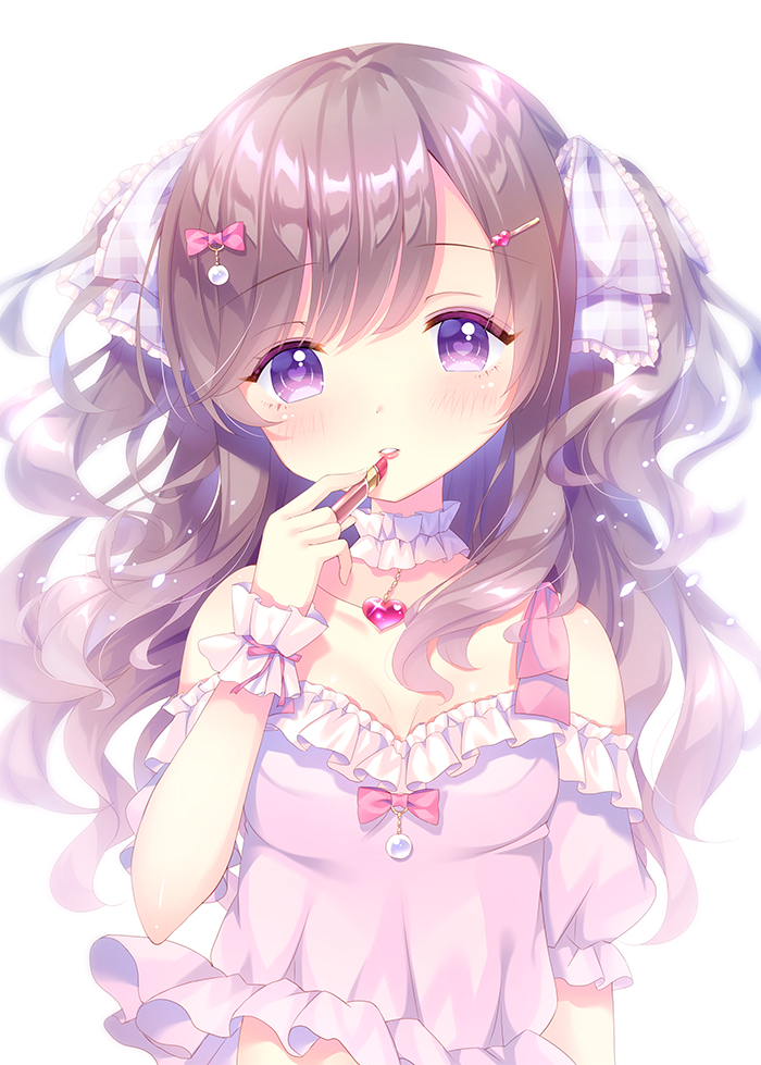 artist_request blush brown_hair dress lipstick long_hair necklace noda_shuha smile violet_eyes