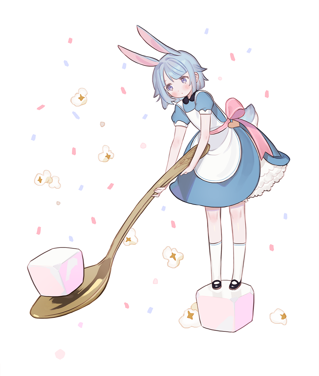animal_ears apron bangs black_footwear blue_dress blue_eyes blue_hair blush bunny_ears bunny_tail dress full_body gwayo highres holding holding_spoon kneehighs legs_apart mary_janes minigirl open_mouth original petticoat pink_ribbon puffy_short_sleeves puffy_sleeves ribbon sash shoes short_hair short_sleeves simple_background solo spoon standing sugar_cube tail white_apron white_background white_legwear