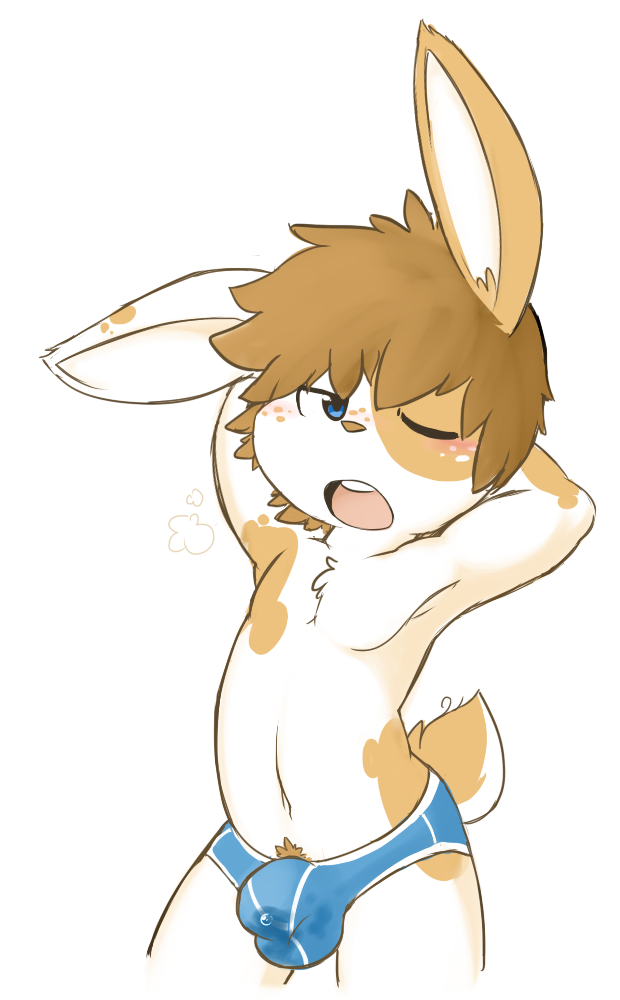 2017 anthro armpits blue_eyes blush briefs brown_hair brown_nose brown_spots bulge clothed clothing cum cum_in_underwear digital_media_(artwork) freckles fur hair half-closed_eyes hands_behind_head lagomorph looking_at_viewer male mammal navel one_eye_closed oob open_mouth pinup pose pubes rabbit simple_background skimpy solo standing teeth toony underwear white_background white_fur young