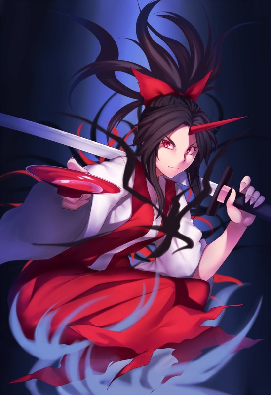 black_hair cup hair_ribbon horn japanese_clothes kaiza_(rider000) konngara red_eyes ribbon sakazuki sword touhou touhou_(pc-98) weapon wide_sleeves