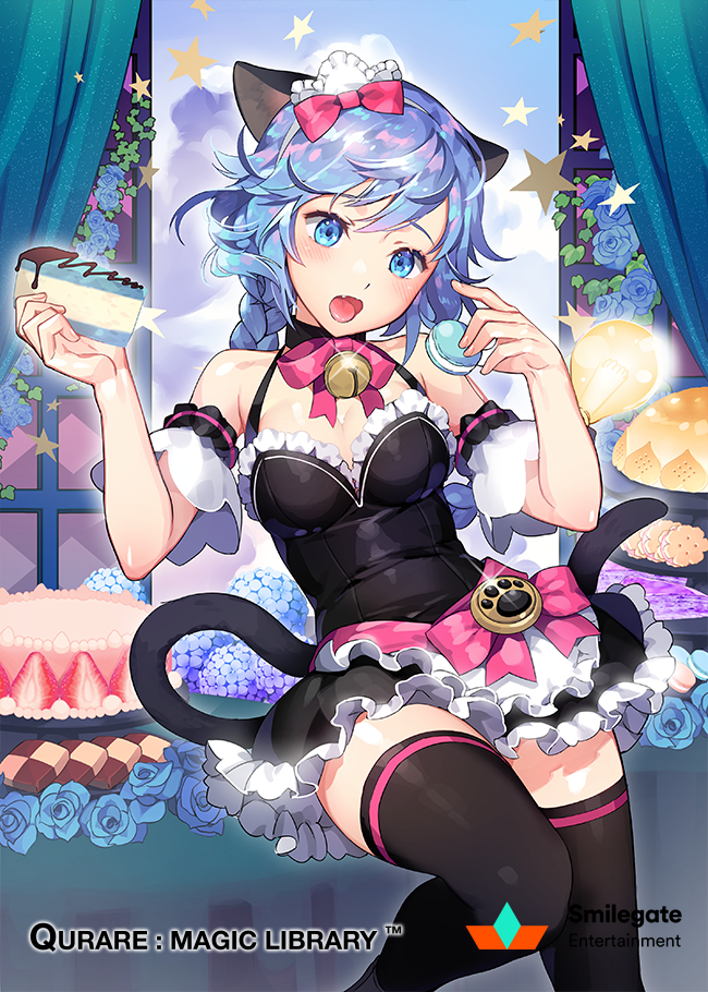 :o animal_ears apron argyle arms_up bangs bare_shoulders bell bell_collar black_collar black_dress black_footwear black_legwear blue_eyes blue_flower blue_hair blue_rose blue_sky blush bow braid breasts brooch cake cake_stand cat_ears cat_girl cat_tail character_request checkerboard_cookie cherry_blossom_cookie_(food) chocolate chocolate_covered chocolate_syrup cleavage cloud cloudy_sky collar commentary company_name cookie copyright_name covered_navel curtains detached_sleeves dress eating fang flower food frilled_apron frilled_dress frilled_sleeves frills fruit gearous gelatin glint holding holding_food indoors jewelry jingle_bell large_breasts leg_up light_bulb long_hair macaron maid_headdress official_art open_mouth open_window paw_print pink_bow qurare_magic_library raised_eyebrows red_bow rose shiny shiny_hair shiny_skin shoes short_dress single_braid skin_tight sky slice_of_cake solo standing standing_on_one_leg star strawberry strawberry_shortcake striped striped_legwear swept_bangs tail tiered_tray tongue tongue_out waist_apron white_apron window