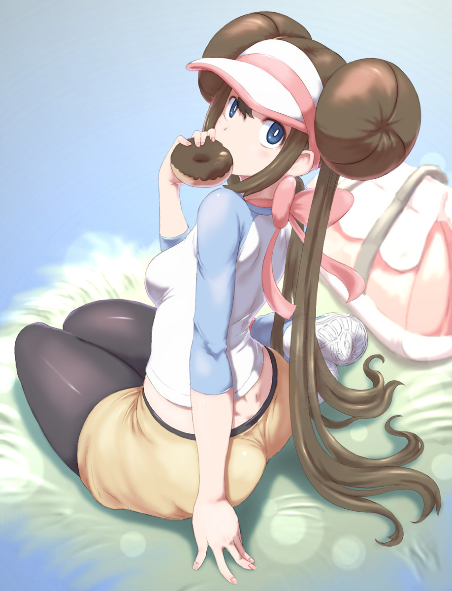 ass bag black_legwear blue_background blue_eyes bow breasts brown_hair chocolate dimples_of_venus double_bun doughnut eating food food_in_mouth highres kous_(onetwojustice) long_hair long_sleeves looking_at_viewer looking_back medium_breasts mei_(pokemon) pantyhose pantyhose_under_shorts pink_bow pokemon pokemon_(game) pokemon_bw2 shirt shoes shorts sideboob simple_background sitting sleeves_past_elbows solo thighs twintails very_long_hair visor_cap yellow_shorts