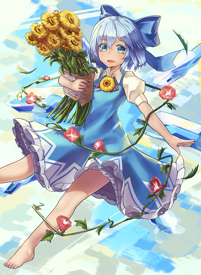 barefoot blue_bow blue_dress blue_eyes blue_hair bow cirno dress flower hidden_star_in_four_seasons holding ice ice_wings natori_youkai plant sky solo sunflower tan tanned_cirno touhou vines wings