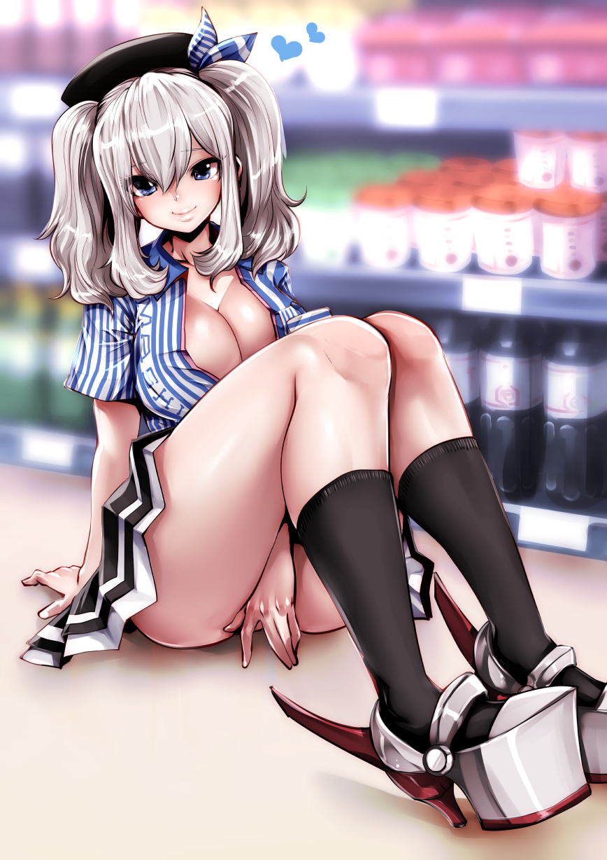 1girl arm_support blue_eyes breasts cleavage covering_crotch employee_uniform hand_between_legs highres indoors kantai_collection kashima_(kantai_collection) large_breasts lawson legs_together long_hair looking_at_viewer miniskirt on_floor shirt short_sleeves silver_hair sitting skirt smile solo souryu striped striped_shirt twintails uniform vertical_stripes