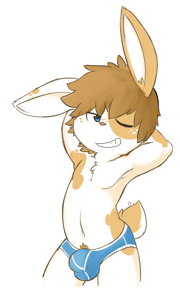 2017 anthro armpits blue_eyes briefs brown_hair brown_nose brown_spots bulge clothed clothing digital_media_(artwork) freckles fur grin hair half-closed_eyes hands_behind_head lagomorph looking_at_viewer male mammal navel one_eye_closed oob pinup pose pubes rabbit simple_background skimpy smile solo standing toony underwear white_background white_fur young