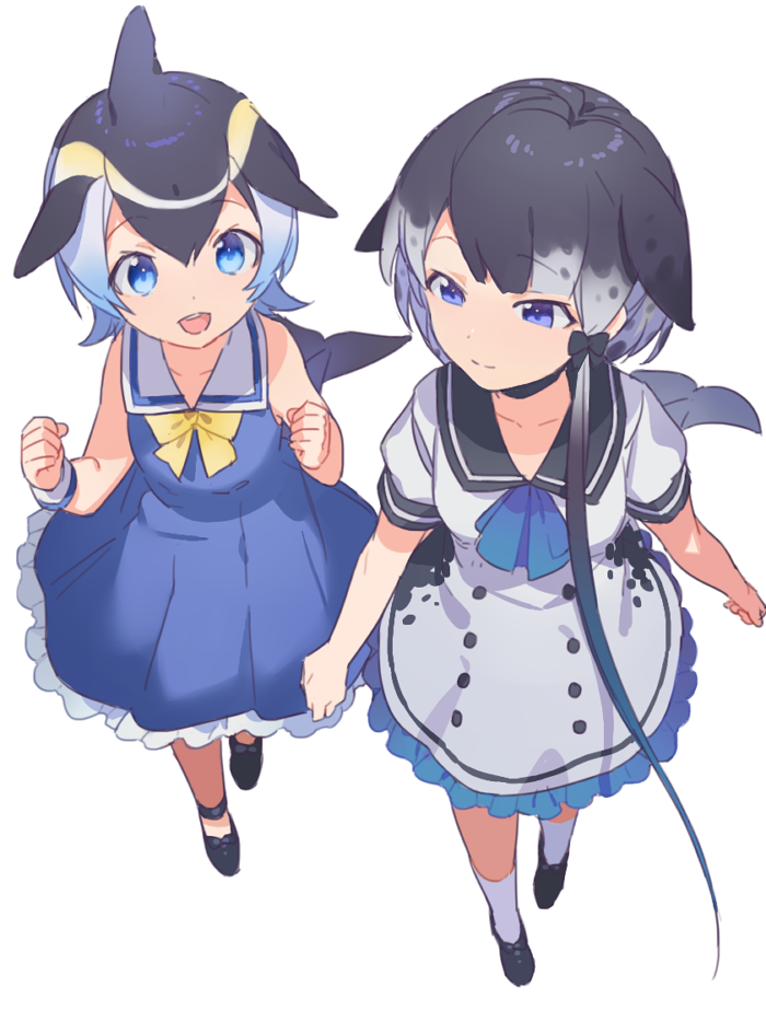 :d arms_at_sides black_footwear black_hair blonde_hair blue_dress blue_eyes blue_hair blue_ribbon clenched_hands collarbone collared_dress common_dolphin_(kemono_friends) dolphin_tail dot_nose dress eyebrows_visible_through_hair fins frilled_dress frills from_above full_body grey_hair hair_between_eyes hair_ornament heiwa_(murasiho) kemono_friends kneehighs long_hair looking_at_another looking_to_the_side low_ponytail multicolored_hair multiple_girls narwhal_(kemono_friends) narwhal_tail neck_ribbon open_mouth puffy_short_sleeves puffy_sleeves ribbon sailor_collar sailor_dress shoes short_hair short_sleeves side_ponytail simple_background sleeve_cuffs sleeveless sleeveless_dress smile socks spotted_hair tail tareme teeth tsurime upper_teeth very_long_hair walking white_background white_dress yellow_ribbon
