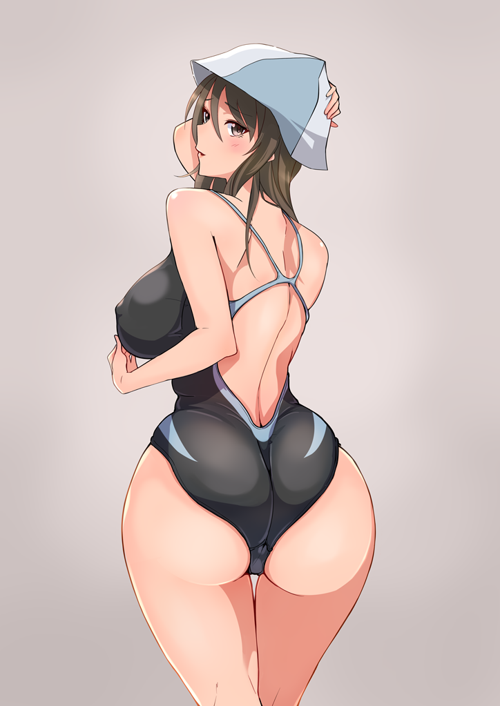 ass bare_back black_swimsuit breasts brown_eyes brown_hair covered_nipples curvy girls_und_panzer hat large_breasts long_hair looking_at_viewer looking_back mika_(girls_und_panzer) parted_lips pink_background smile solo swimsuit thigh_gap thighs webslinger wide_hips