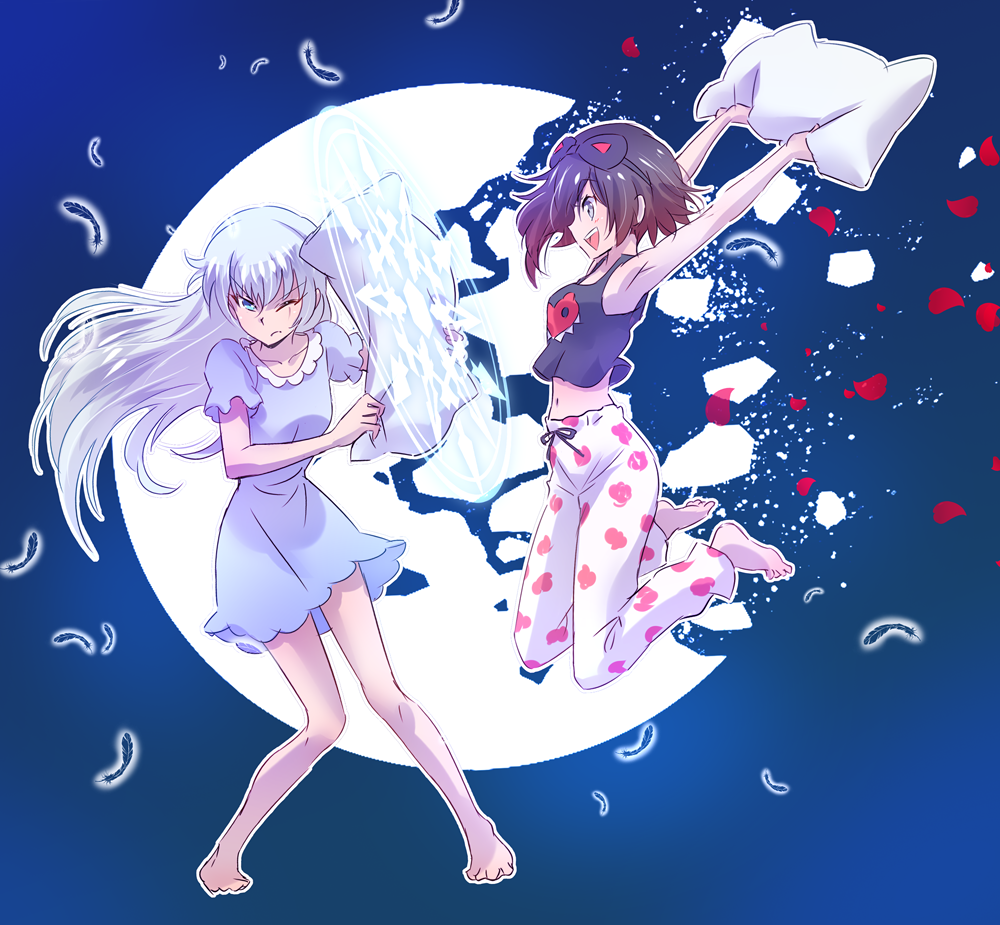 barefoot black_hair blue_dress broken_moon commentary dress english_commentary feathers iesupa magic_circle moon multiple_girls navel pajamas petals pillow pillow_fight red_hair ruby_rose rwby scar scar_across_eye sleep_mask tank_top weiss_schnee white_hair