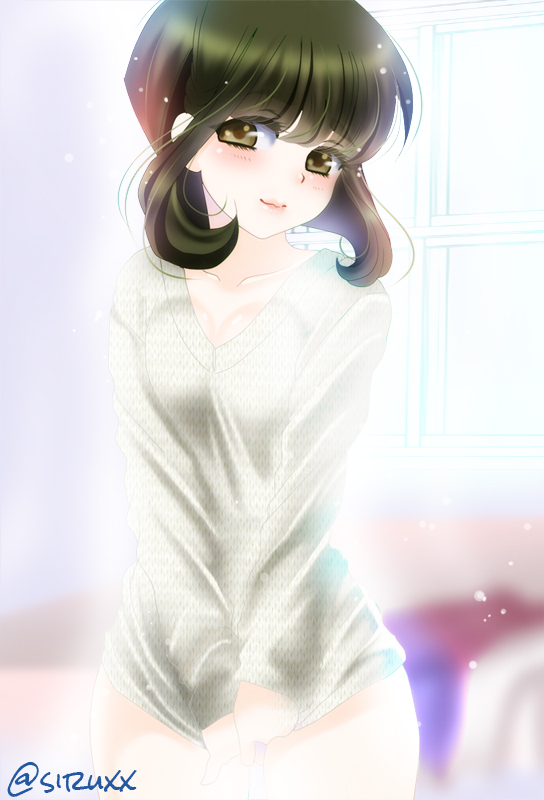 bloom blush brown_eyes clothes_tug ena_(hui_jia) eyelashes green_hair indoors kantai_collection lips looking_at_viewer naked_sweater short_hair_with_long_locks smile solo sweater sweater_tug takanami_(kantai_collection) thighs twitter_username v-neck white_sweater window