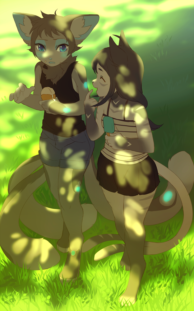 5_fingers akitamonster anthro blue_eyes brown_hair cat clothed clothing day dessert detailed_background digitigrade duo feline female food grass hair ice_cream male mammal multi_tail outside smile standing