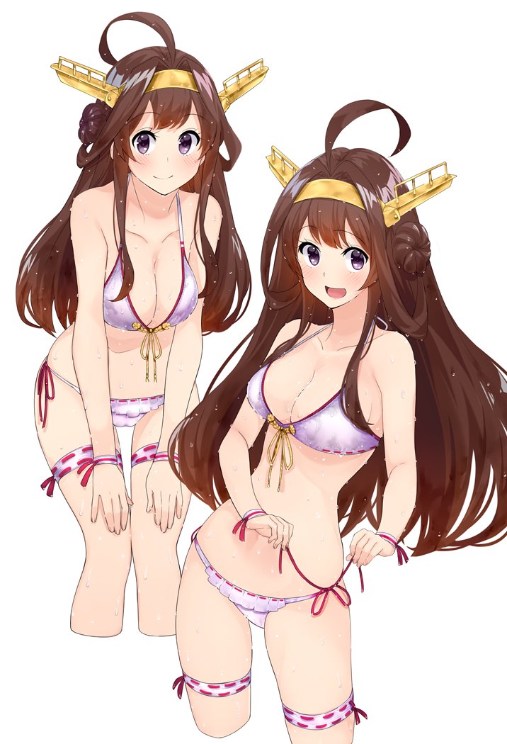 ahoge alternate_costume amami_amayu bikini blush breasts brown_hair closed_mouth collarbone hands_on_own_knees headgear kantai_collection kongou_(kantai_collection) leaning_forward long_hair looking_at_viewer medium_breasts multiple_views navel open_mouth pink_bikini remodel_(kantai_collection) side-tie_bikini simple_background smile standing strap_pull swimsuit thigh_strap upper_body white_background wrist_straps