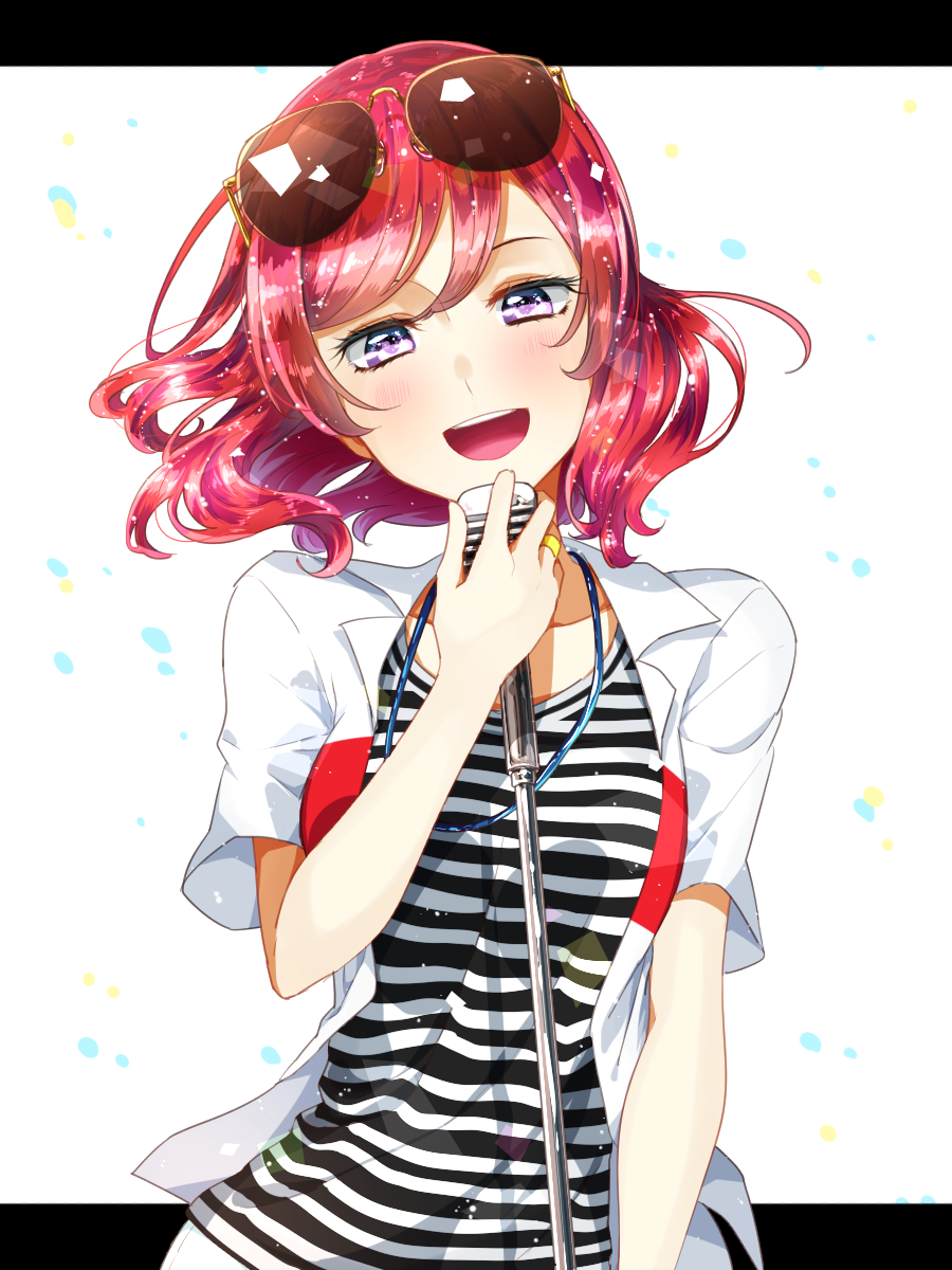 :d blush border collared_shirt commentary_request eyewear_on_head highres looking_at_viewer looking_back love_live! love_live!_school_idol_project microphone niro_(sikabanekurui) nishikino_maki open_mouth purple_eyes red_hair shiny shiny_hair shirt short_sleeves smile solo striped striped_shirt sunglasses